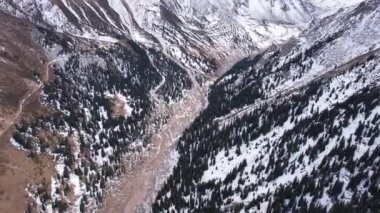 Vadide ormanı olan yüksek karlı dağlar. Bulutlu karanlık gökyüzü, kasvetli atmosfer. Beyaz yamaçlar karla kaplı, yüksek rakımlı ladin ağaçları yetişiyor. İzler görülebilir. Büyük Almaty Gölü
