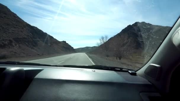 View Road Windshield Cars Passing High Rocky Hills Edges Everything — Stock Video