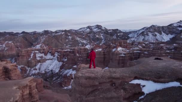 Egy Piros Öltönyös Fickó Áll Grand Canyon Charyn Szélén Nézz — Stock videók