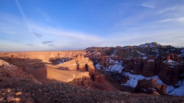 Zonsondergang Achtergrond Van Grand Canyon Charyn Tijdsverloop Gele Zon Zinkt — Stockvideo