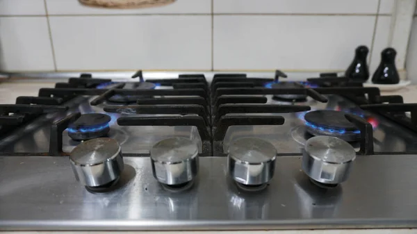 Blue Fire Burning Gas Stove Gas Home Metal Gas Stove — Stock Photo, Image