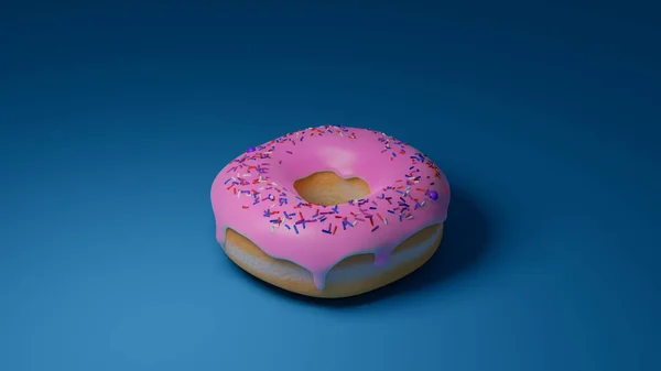 Delicious baked donut with pink fudge and colored sprinkles on a light dark blue background with a gradient. Pink fudge drips down the edges of the bread. Sprinkling of different shapes.