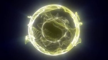 Küçük uçan parçacıklardan oluşan parlak bir küre. Sanki enerji akışları merkezden boşluklara ve çemberin ötesindeki karanlığa doğru çekiliyor. Parlak ışınlar parıltıyı takip eder