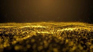 Parçacıkların ve enerjinin soyut dijital dalgası. Sarı enerji parçacıkları onu aydınlatan boşluğa dağılır. Dalga yavaşça taşar ve yeni bir tane yaratır. Arkaplan için 3d canlandırma