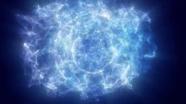 Küçük uçan parçacıklardan oluşan parlak bir küre. Sanki enerji akışları merkezden boşluklara ve çemberin ötesindeki karanlığa doğru çekiliyor. Küre parçalanıyor.