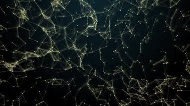 Uzayda çizgileri ve noktaları olan sarı parçacıklar. Soyut çizgiler şekil yaratmak için en yakın noktalara bağlanır. Ağ bağlantısı yapısı, 4K içindeki metin için arkaplan. 3d canlandırma