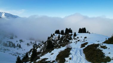 Kışın karlı dağlarda beyaz kümülüs bulutları. Güneş ışınları bulutların bir kısmına düşer. Tepelerden bir gölge gelir. Mavi gökyüzü. Tepelerde kozalaklı köknar ağaçları yetişir. Turistler yürüyor.