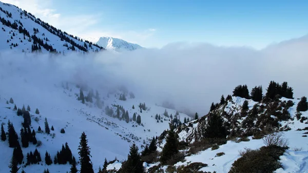 Λευκά Πυκνά Σύννεφα Στα Χιονισμένα Βουνά Χειμώνα Ακτίνες Του Ήλιου — Φωτογραφία Αρχείου