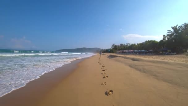 Chodící Člověk Zanechává Stopy Písku Pláž Žlutý Mokrý Písek Velké — Stock video