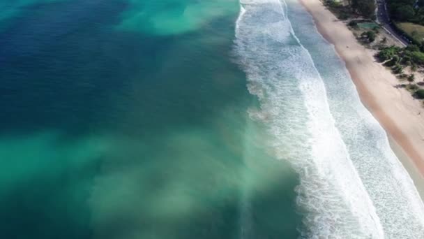 Okyanus Manzaralı Dalgalı Plajlı Açık Sarı Kum Suyla Islaktır Yeşil — Stok video