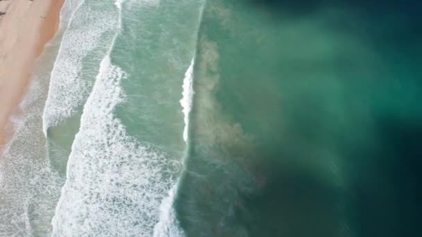 Вид Сверху Океан Волнами Пляжем Светло Желтый Песок Мокрый Воды — стоковое видео