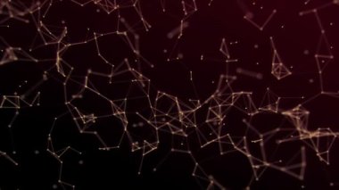 Uzayda çizgileri ve noktaları olan turuncu parçacıklar. Soyut çizgiler şekil yaratmak için en yakın noktalara bağlanır. Ağ bağlantısı yapısı, 4K içindeki metin için arkaplan. 3d canlandırma