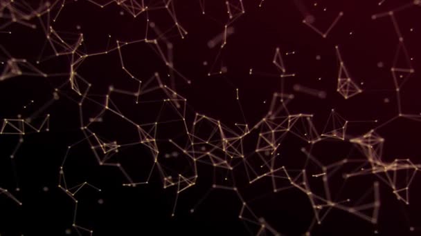 Particules orange avec des lignes et des points dans l'espace. Des lignes abstraites se connectent aux points les plus proches pour créer des formes. Structure de connexion réseau, fond pour le texte en 4K. Animation 3D