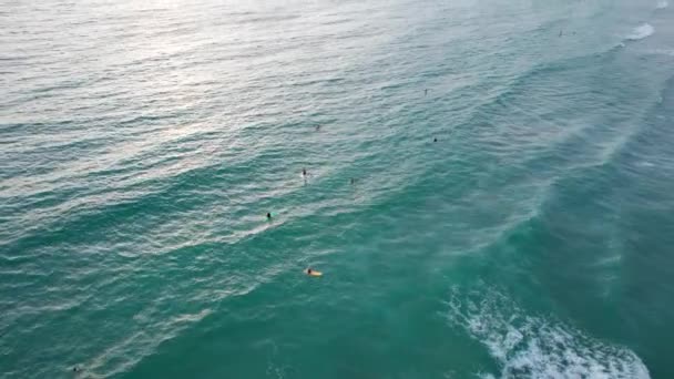 日没時にビーチの近くでパドルサーフィン ドローンからの眺め 小さな波が泡を作ります 男は岸にボード上を飛んでいる 水は太陽の光を反射する 人々は入浴している プーケット — ストック動画