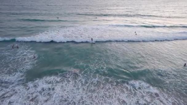 Wiosłuj Surfując Przy Plaży Zachodzie Słońca Widok Drona Małe Fale — Wideo stockowe