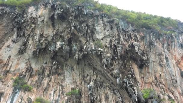 张恩加湾许多多事的岛屿 有山洞和钟乳石的陡峭的悬崖 岛上长出了绿树 在一些地方可以看到海滩 游客们乘泰国的船航行 — 图库视频影像