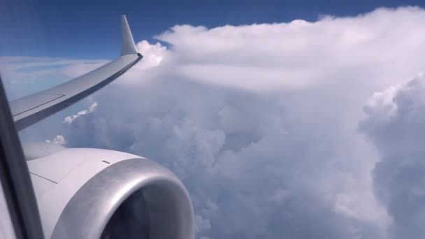 Bulutların Üzerindeki Uçağın Penceresinden Bak Perde Açılıyor Farklı Şekillerde Beyaz — Stok video