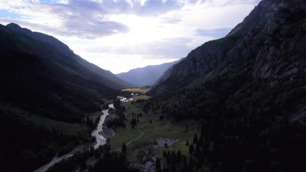 Beautiful Sunset View Green Gorge River Coniferous Trees Forests Lots — Stock Video