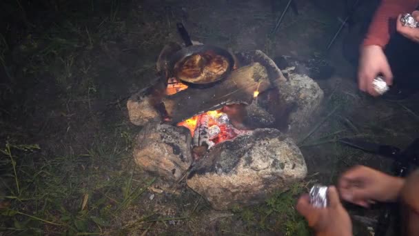 Μαγειρεύουν Φαγητό Φωτιά Κρέας Και Πατάτες Ετοιμάζουμε Φωτιά Για Τηγάνι — Αρχείο Βίντεο