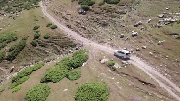 Білий Позашляховик Долає Гірський Маршрут Вздовж Ущелини Вздовж Річки Зелені — стокове відео