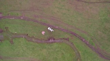 Yeşil tarlalı dağlarda pembe-mor gün batımı. Beyaz bir yurt var, bir dağ nehri akıyor. Kocaman bulutlar. Bir at sürüsü yürüyor. Çamur ve çadırın yanında bir SUV. Turistler toplanıyor