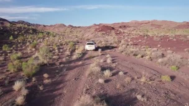 Zwischen Den Roten Bergen Der Steppe Fährt Ein Weißer Geländewagen — Stockvideo