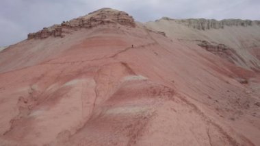 Renkli yüksek dağlar ve balçıktan yapılmış bir kanyon. Farklı taşları ve farklı renkleri olan büyük bir vadi. Kayaların duvarlarında kırmızı, turuncu, beyaz ve sarı çiçekler var. Bir turist yürüyor. Aktau