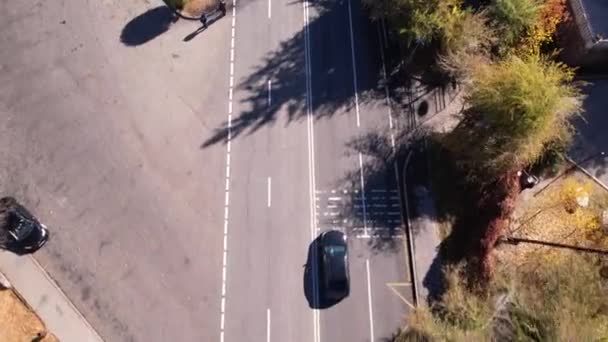 Samochód Jedzie Jesienną Leśną Drogą Widok Góry Drona Transport Rosną — Wideo stockowe