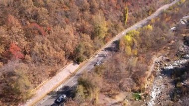 Araba sonbahar ormanı yolu boyunca gidiyor. Nakliye aracındaki dronun üst görüntüsü. Sarı-turuncu yapraklı uzun ağaçlar büyür. Bazı yerlerde evler var, nehir akıyor. Uzakta dağlar