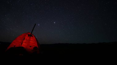 Çadır yıldızlı gökyüzünün arka planında parlıyor. Parlak yıldızlar ve galaksiler takımyıldızların astronomik örüntülerini oluştururlar. Tepeler görülebilir. Çadırdan bir boru çıkıyor. Ekran koruyucu için fotoğraf