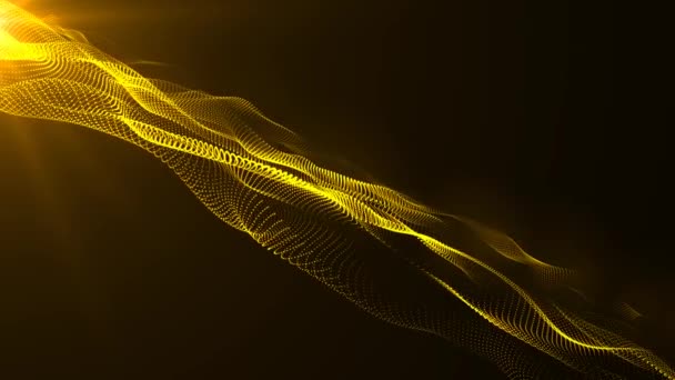 공간에서 광선의 형태로 노란색 입자의 추상화 광선이 반짝이며 안개에 반사됩니다 — 비디오