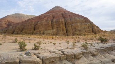 Renkli yüksek dağlar ve balçıktan yapılmış bir kanyon. Farklı taşları ve farklı renkleri olan büyük bir vadi. Kayaların duvarlarında kırmızı, turuncu, beyaz ve sarı çiçekler var. Bir turist yürüyor. Aktau