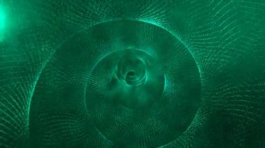 Uzayda spiral ya da tünel şeklinde soyut bir arkaplan. Simetrik olarak yerleştirilmiş noktalar bir kalıp ve yuvarlak oluşturur. Yeşil dumanla parlayan ışık. Döndürme. Arkaplan için 3d canlandırma