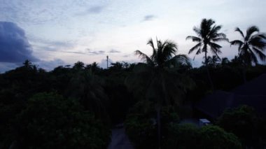 Okyanustaki bir adadan gün batımının en üst görüntüsü. Pembe renkli büyük siyah bulutlar. Turkuaz okyanus suyu, kumsalın beyaz kumu. Yeşil palmiye ağaçları ve ağaçlar. Maldivler. Su ayna gibidir.