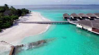 Turkuaz berrak su ve yeşil Maldivler adası. Okyanusun ve resifin üst manzarası. Palmiye ağaçları adada yetişir. Bungalovlar ve villalar var. Kumsalda beyaz kum. Balıklar görünür.