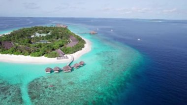 Turkuaz berrak su ve yeşil Maldivler adası. Okyanusun ve resifin üst manzarası. Palmiye ağaçları adada yetişir. Bungalovlar ve villalar var. Kumsalda beyaz kum. Balıklar görünür.