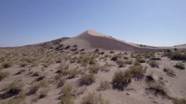 Çölün ortasında büyük bir kum tepesi. İHA 'nın üst görüntüsü. Üzerinde çeşitli kuru çalıların yetiştiği bir kum dağı. Güçlü bir rüzgar esiyor, kumu kaldırıyor. Mavi gökyüzü ve beyaz bulutlar