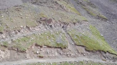 Siyah bir SUV dağlarda tehlikeli bir yol boyunca gidiyor. Karlı tepelerin ve beyaz bulutların güzel bir manzarası var. Sağ taraftaki vadide bir uçurum var. Çimenler her yerde yetişir