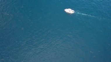 Beyaz bir tekne ve yunus sürüsünün insansız hava aracı görüntüsü. Oyuncu mavi okyanusta yüzer, bazen sudan atlayıp bir sürü su sıçratır. Tekne sürüyü kovalıyor.