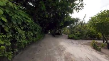 İnsansız hava aracı yeşil adanın kumlu yolu boyunca uçuyor. Güneş ışıl ışıl parlıyor ve çeşitli ağaçlar ve çalılar büyüyor. Küçük villalar görülebilir. Tropikal bir ada. Tekerlek izleri.