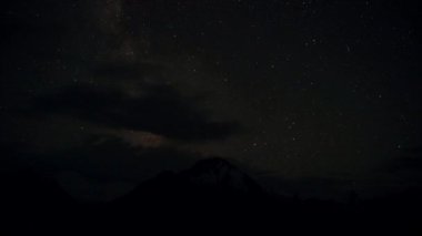 Karlı dağların arka planında yıldızlı gökyüzünün zamanı. Şimşek çakmaları ve uçan meteorlar bazı yerlerde görülebilir. Samanyolu 'nun arka planına karşı dünyanın dönüşü.