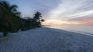 Turistler, tropikal bir sahilde palmiye ağaçları ve plaj kulübeleriyle rahatlatıcı bir atmosfer yaratarak gün batımının tadını çıkarıyorlar.
