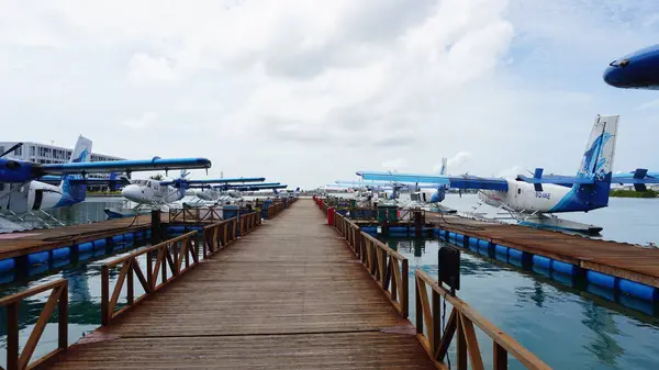 Uzun ahşap iskele, yüzen platformlara kenetlenmiş bir grup deniz uçağına doğru uzanarak tropikal seyahat ve macera manzarası yaratıyor.