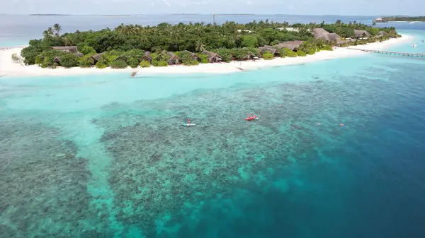 Turistler, maldivlerdeki tropikal bir ada beldesini çevreleyen kristal berrak turkuaz sularda kayak ve şnorkelle yüzmeyi ve aşağıdaki canlı mercan resiflerini göstermeyi severler.