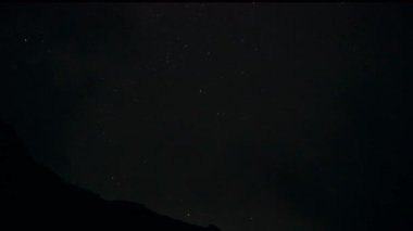 Karlı dağların arka planında yıldızlı gökyüzünün zamanı. Şimşek çakmaları ve uçan meteorlar bazı yerlerde görülebilir. Samanyolu 'nun arka planına karşı dünyanın dönüşü.