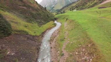 FPV İHA 'sını nehir kıyısında uçurmak. Yeşil tarlalar ve dağlar, çalılar ve kozalaklı ağaçlar her yerde yetişir. Küçük bir şelalesi olan kaynayan bir nehir. Bulutlu, bulutlu ve hafif yağmurlu.