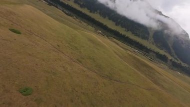 Sonbahar sarı tarlaları bir dronun yüksekliğinden görünüyor. Yamaçta otlayan koyunlar, vadide kozalaklı bir orman var. Dağların üzerinde beyaz bulutlar var ve nehir akıyor. Yağmurlu hava