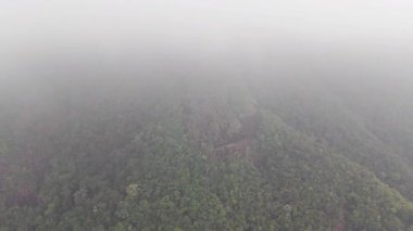 Koh Chang adasının yoğun tropikal yağmur ormanı hızlı hareket eden beyaz bulutlarla örtülmüş, yemyeşil bitki örtüsünü ortaya çıkarıyor ve hava perspektifinden büyüleyici manzara yaratıyor.