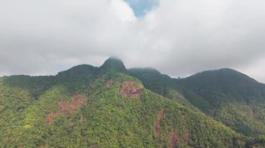 Verdant dağ yamaçları yoğun tropikal ormanlarla örtülmüş, bulutlu gökyüzünün altında uzanan katmanlı yeşil tepeleri ortaya çıkarıyor, el değmemiş vahşi doğayı gözler önüne seriyor.