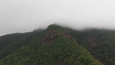Puslu beyaz sis, Koh Chang 'deki yeşil dağ yamaçlarını yavaş yavaş kaplıyor. Kısmen karanlık tropikal kıyı şeridi dramatik hava dönüşümüyle yuvarlanan bulutların altındaki huzurlu manzarayı ortaya çıkarıyor